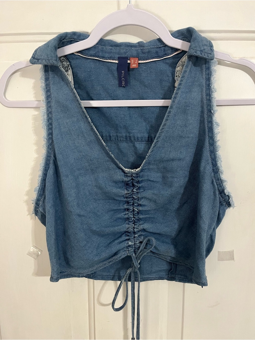 Pilcro Light Blue Denim Ruched Drawstring Crop Top
